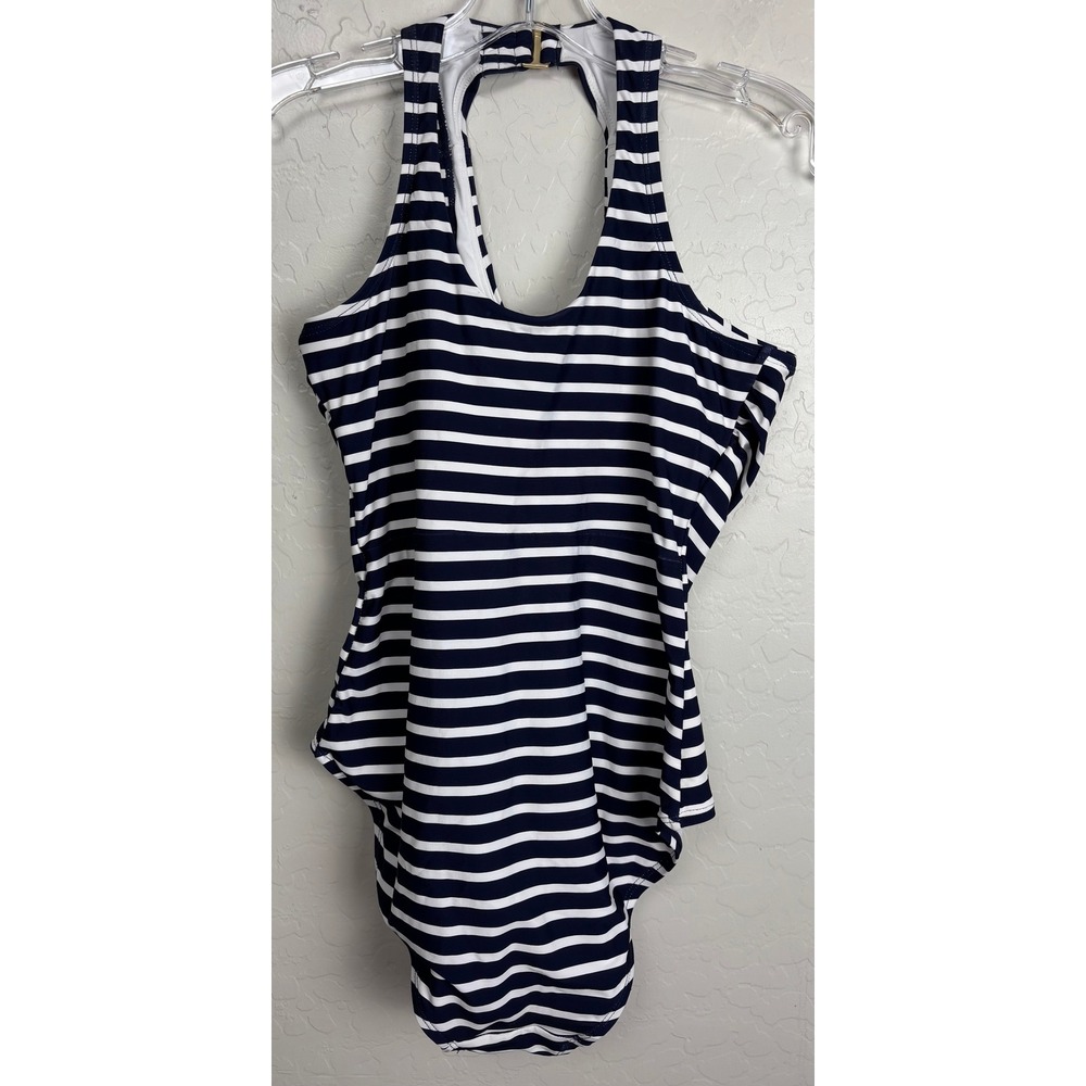 Lands End Womens Navy White Striped Halter One Piece Swimsuit Size M 2322
